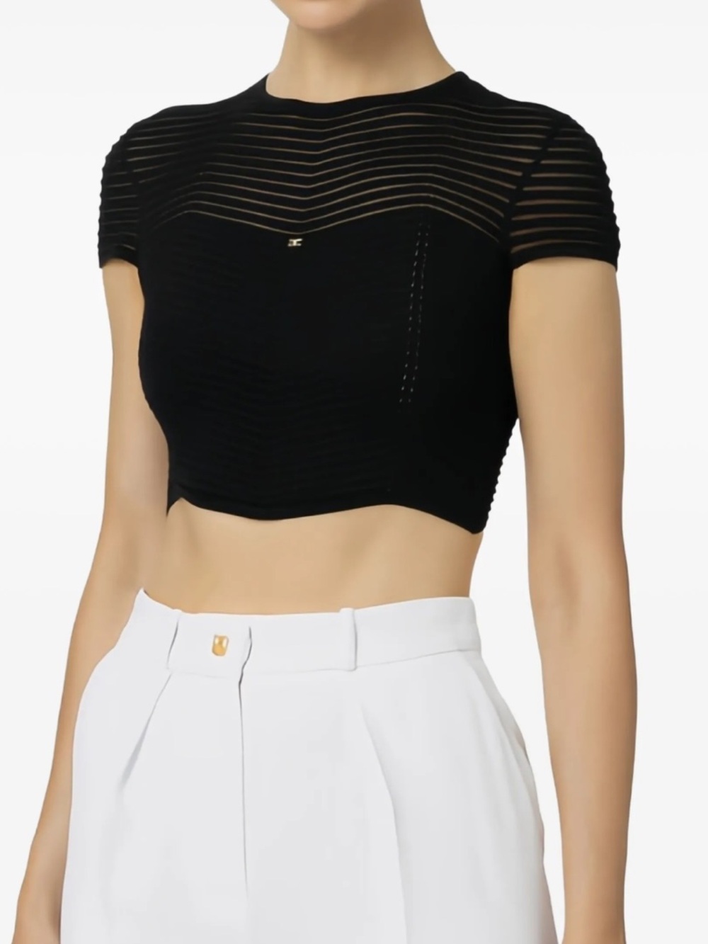 Elissabeta Franchi Black Crop Knit Top with Sheer Stripe Detail